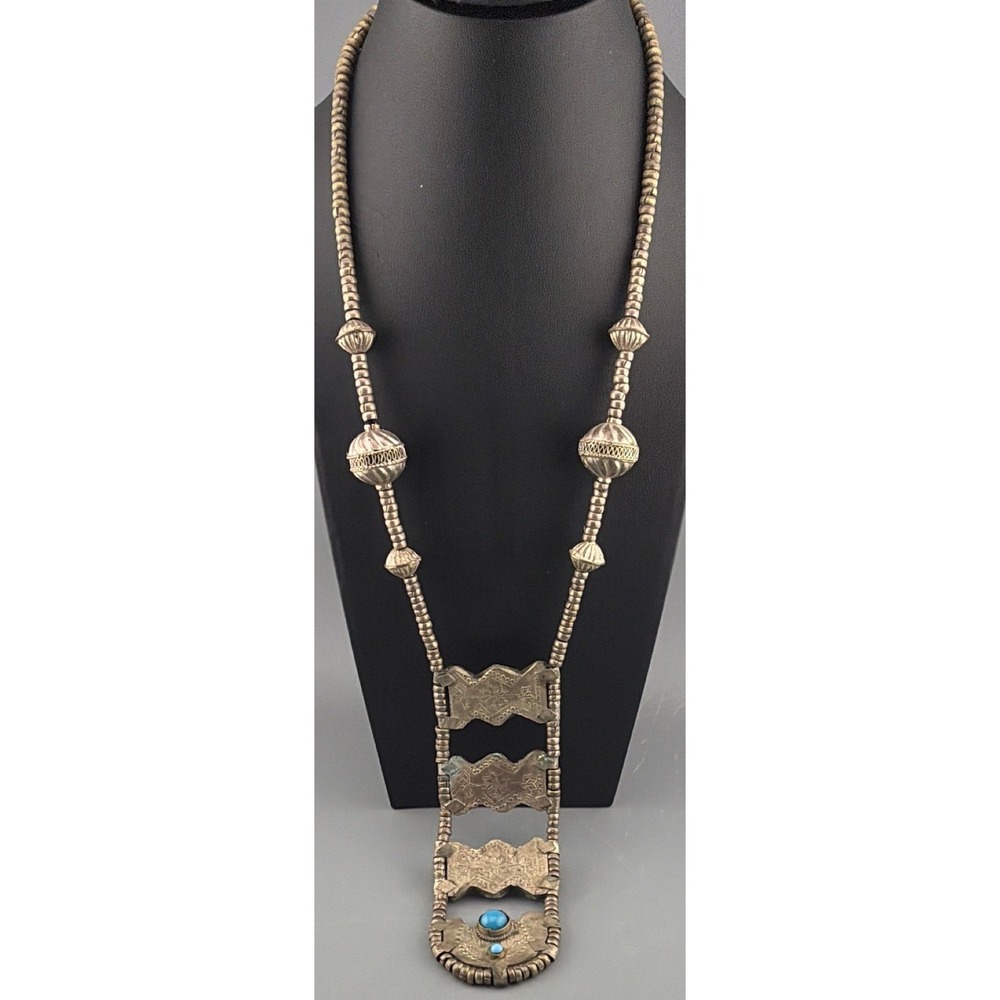 Vintage Tribal Necklace Blue Glass Repousse Articulated Ladder Drop Handmade 30"